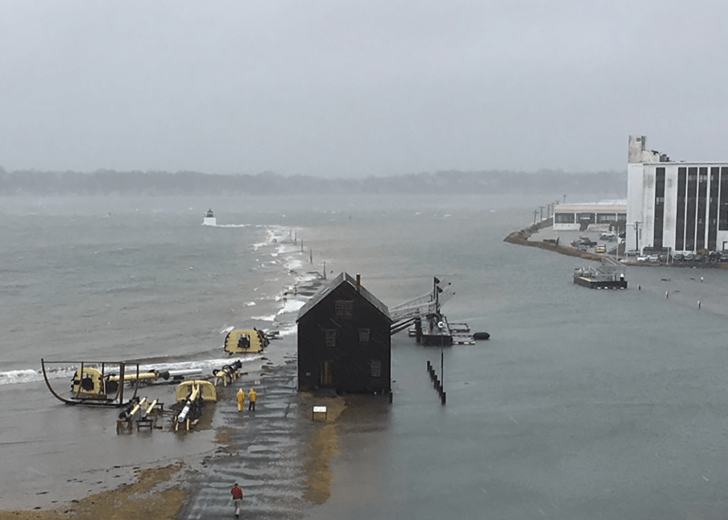 View of Salem Harbor, Salem, Massachusetts, with rising sea level during a storm surge.