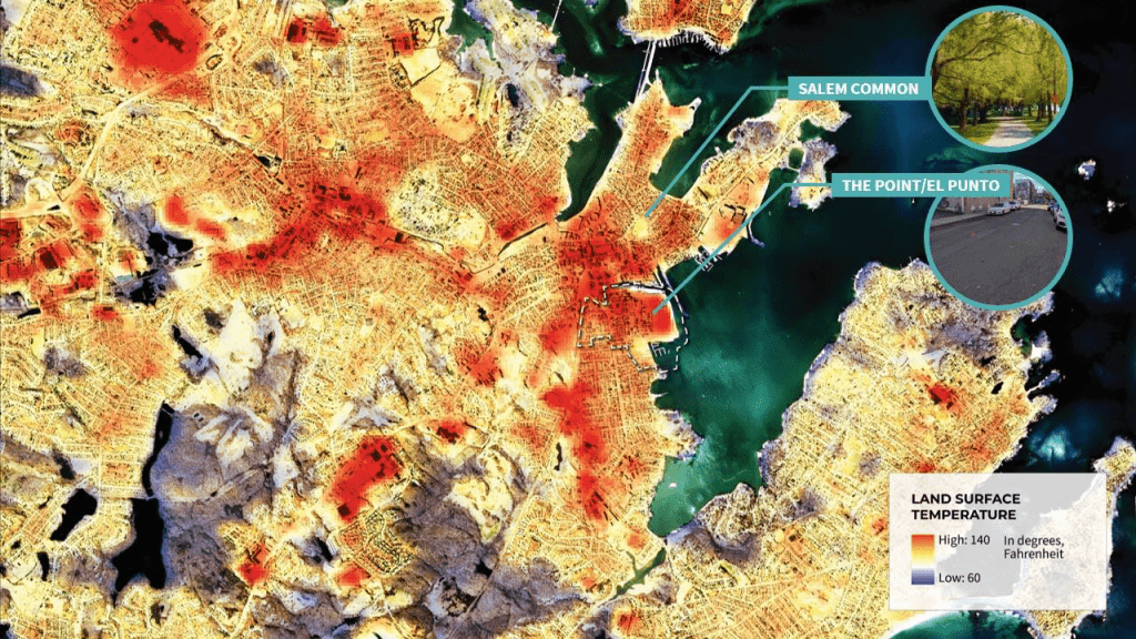 Map of extreme heat and urban heat island effect over the City of Salem.